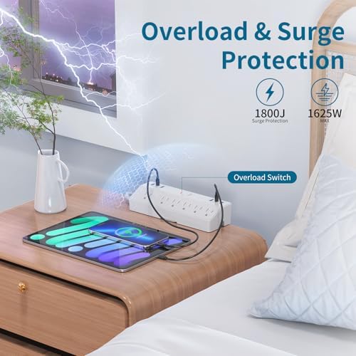 40W Fast Charging Station, Desk Clamp Power Strip 10FT Extension Cord, JXGUCAT Removable Desk Mount Flat Plug Power Strip Surge Protector, 2 USB-C Ports, 6 Outlets, Fits 1.8" Tabletop Edge - Image 4