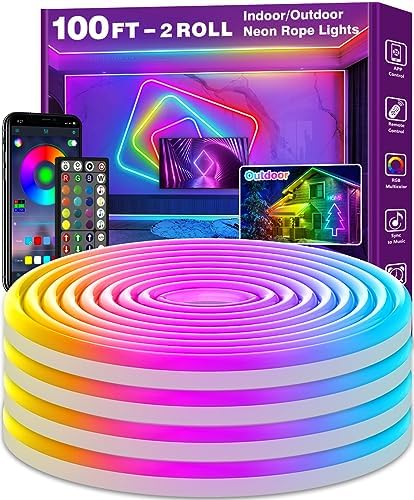AILBTON 100Ft Neon Rope Lights,Flexible Led Rope Lights Control with App/Remote,Multiple Modes RopeLights,IP65 Outdoor RGB Led Neon Lights NonWater Resistant,Music Sync Gaming Led NeonLight Strip by AILBTON