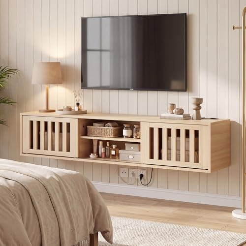 59" Floating TV Stand Wall Mounted with Power Outlet, Natural - Image 7
