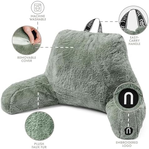 Nestl Fur Reading Pillow with Laptop Lap Desk, Stylish Back Pillow for Sitting Up, Lap Desk with Reading Pillows for Sitting in Bed Adult & Kids, Faux Fur Chair Pillow with Arms - Sage Green - Image 5