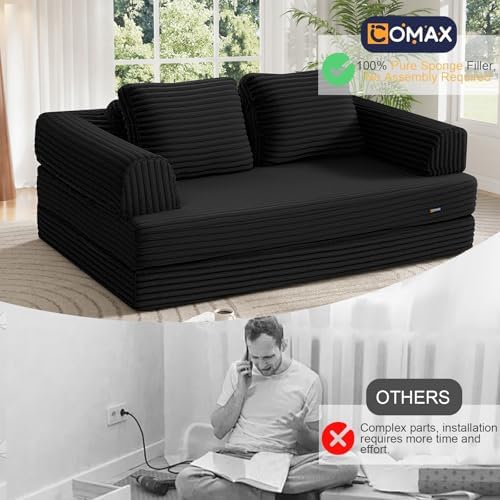 COMAX Convertible Sofa Bed, Folding Floor Couch Corduroy Fold Out Couch Bed Futon Sleeper Mattress with Pillows, Boneless Sofa Comfy Lounge Loveseat for Living Room Bedroom, Plush Black - Image 6