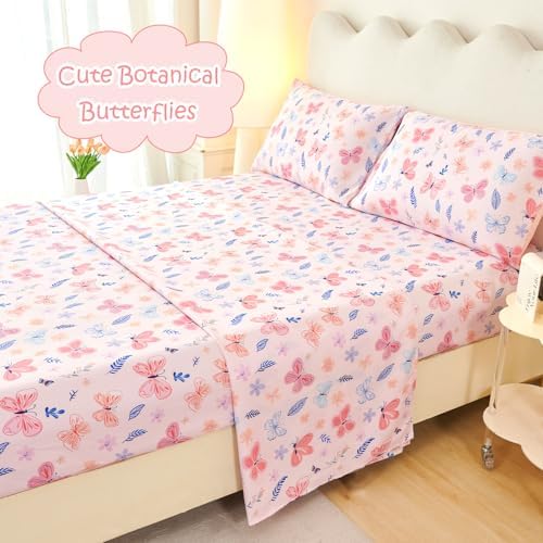 WINLIFE Kids Girls Full Sheet Set Pink Floral Butterfly Printed 4 Pieces - Image 3