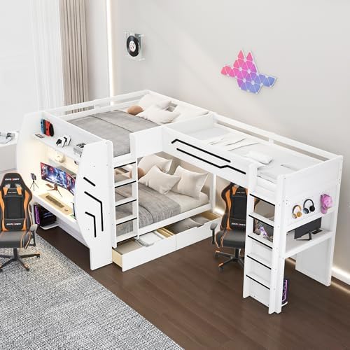 Merax 3 in 1 L-Shaped Wood Gaming Bunk Bed with Built-in Desks,Charging Station, Full & Twin Size Multifunction Bunk Beds with Storage Drawers and Pegboard for Bedroom, Space Saving,White - Image 3
