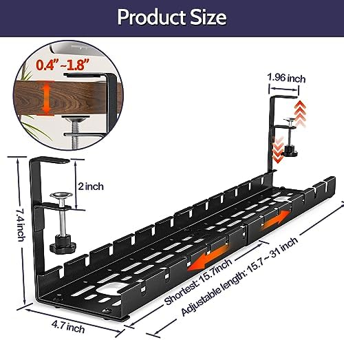 Shikha Cable Management Under Desk, 15.7"-31" Retractable Cable Management Tray, No Drilling Cord Organizer with Clamp for Desk, Under Table Wire Management Tray for Home Office - Image 4