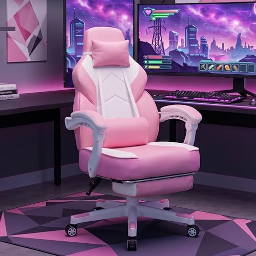 Gaming Chair for Adults, Video Game Chair with Footrest, Big and Tall Gaming Chair Heavy Duty Computer Chair with Massage Lumbar, Ergonomic Adjustable Height and 360° Swivel Seat, PU Leather, Pink - Image 2