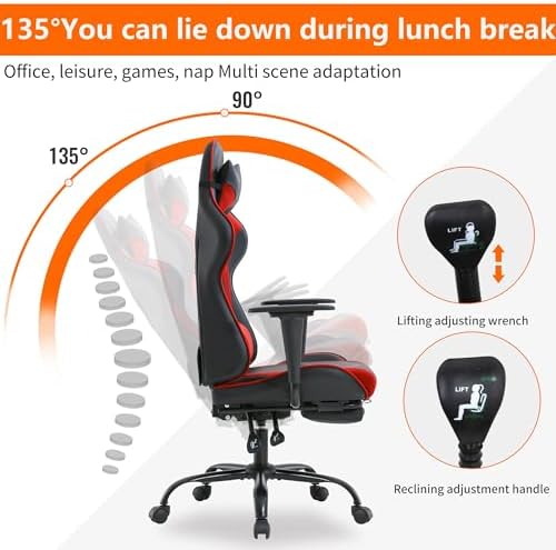 Gaming Chair, High Back PU Leather Gaming Chairs Computer Chair with Headrest & Lumbar Support, Height Adjustable Wide Seat Gaming Chairs for Adults, Game Chair with Footrest & Armrest - Image 4