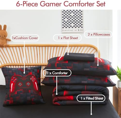 PERFEMET 6-Piece Boys Comforter Set Full Size Game Console Bedding Set for Kids Teen 3D Black and Red Gamepad Gaming Bed in a Bag Matching Sheet Set(Red, Full) - Image 3