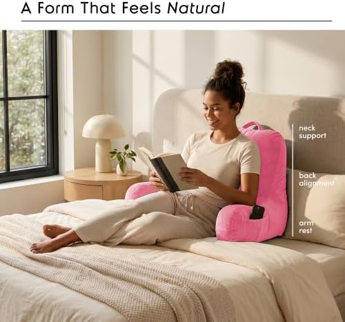 Nestl Reading Pillow for Bed, Back Pillow for Sitting Up in Bed, Light Pink | 18” Backrest Pillow with Arms, Adjustable Support, Shredded Memory Foam Fill, OEKO-TEX, College Dorm Essentials for Adults - Image 2