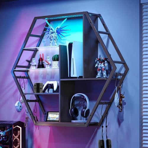 Saudism Floating Shelves with Lights, Led Shelves for Wall, Gaming Room Decor Display Shelf, Lighted Bar Shelves, Extra Hanging Hooks Storage, Sturdy Fast Assembly Great Weight Capacity-Black by Saudism