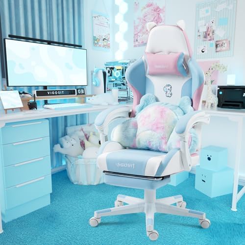 Vigosit Cute Cat Ears Gaming Chair - Pink Blue Unicorn Design, Ergonomic PU Leather Office Chairs Cute with Lumbar Support, 360° Swivel Recliner by VIGOSIT