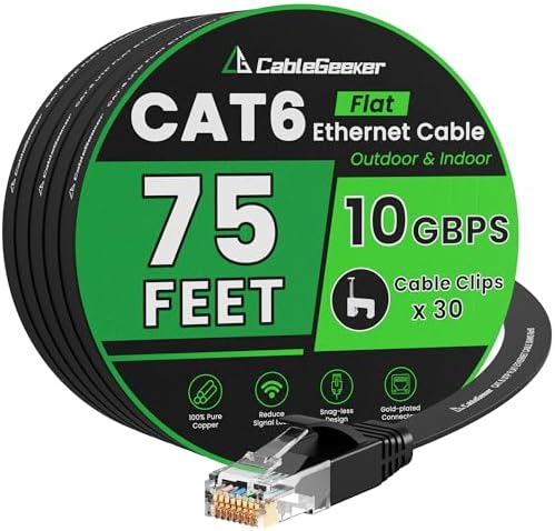 CableGeeker Cat 6 Flat Ethernet Cable 75ft, 10Gbps, Black by CableGeeker