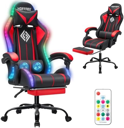 HOFFREE LED Gaming Chair with Massage RGB Lights Computer Game Chair-Red | Ergonomic Reclining Gamer Chair with Footrest High Back Video Game Chair with Adjustable Lumbar Support Linkage Armrest by HOFFREEOfficial