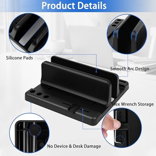 Vertical Laptop Stand Holder, ABS Organizer with Adjustable Dock, 3/4 in 1 Design Extra Storage Space-Saving, Sturdy Laptop Computer Holder for PC, MacBook, Mini PC, iPad (Black, 1 Slot) - Image 2