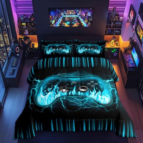 Feelyou Gamer Bedding Set Twin Size for Kids Boys,Gaming Comforter Set,Teens Boys Bedroom Room Decor,3D Geometric Video Game Contoller Comforter,Lightnings Fire Gaming Bed Set for All Season by Feelyou