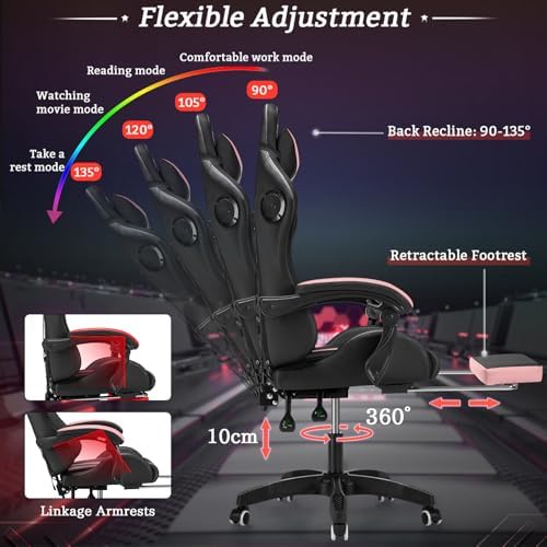 RGB Gaming Chair with Speakers Massage LED Lights Game Chair Pink+Black | Bluetooth Computer Gaming Chair with Footrest Video Game Chair for Adults Ergonomic High Back Gamer Chair with Lumbar Support - Image 6