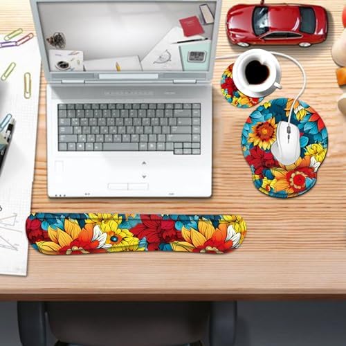 Keyboard Wrist Rest and Mouse Pad Wrist Support Set with Coaster,Ergonomic Mouse Pad,Comfortable for Easy Typing, Pain Relief,Memory Foam Keyboard Pad Set for Laptop Mac,Colorful Petals - Image 7