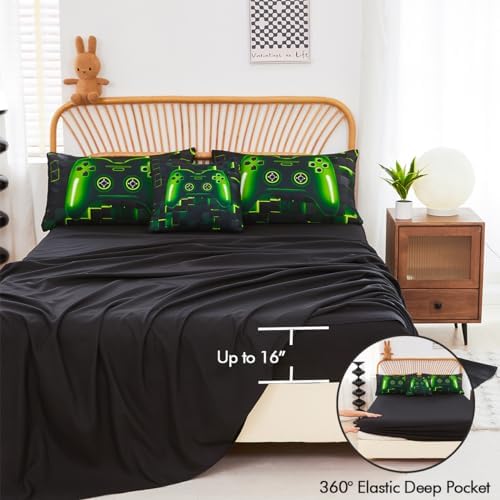PERFEMET 6 Pcs Gaming Bedding Set Queen Size Green Game Console Kids Bed in A Bag 3D Black Gamer Comforter Set with Sheets for Boys Teen Lightweight Video Gamepad Bedroom Set(Green, Queen) - Image 5