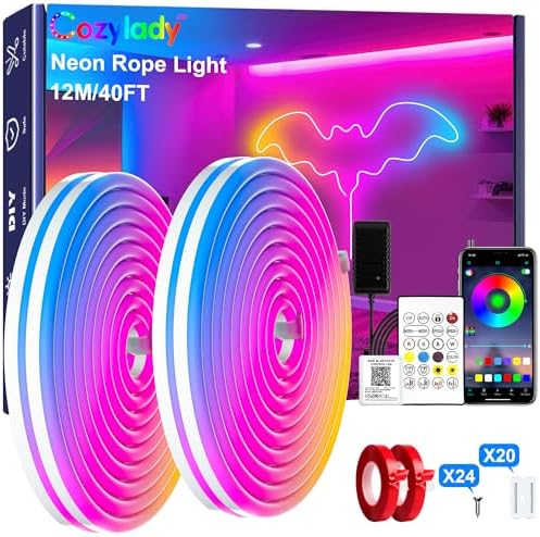 Cozylady 12M(2 Roll 6M) RGB Neon Lights LED Rope Light,40ft Waterproof Bluetooth APP Remote Control Music Sync Strip Light,24V Flexible DIY Silicone Light for Bedroom Home Indoor Outdoor Decor(40ft) by CozyladyInc