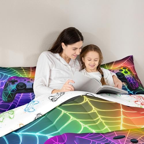 Erosebridal Gaming Comforter Set Rainbow Spider Web Kids Comforter Sets,Game Consoles Bedding Gothic Cobweb Sports Bedding Sets for Boys King,Gamer Room Decor for Boys Bedroom Decor Gamer Gifts - Image 3