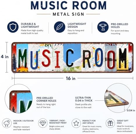 Music Room Vintage Metal Tin Sign, License Plate Style Wall Decor, Colorful Retro Design 4×16 Inch (26002) - Image 3
