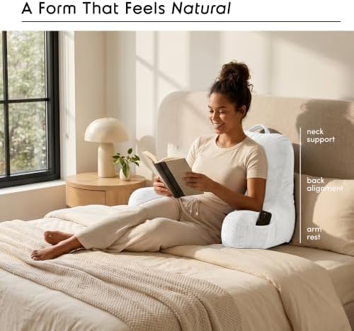 Nestl Reading Pillow for Bed, Back Pillow for Sitting Up in Bed, White | 18” Backrest Pillow with Arms, Adjustable Support, Shredded Memory Foam Fill, OEKO-TEX, College Dorm Essentials for Adults - Image 2