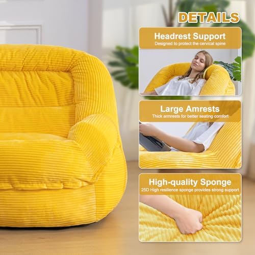 Giant Bean Bag Chair for Adults, Oversized Floor Lounge Chair with Armrests | Corn Yellow, soft corduroy and resilient foam for living rooms, bedrooms, reading nooks, gaming rooms, movie nights, and pets - Image 4