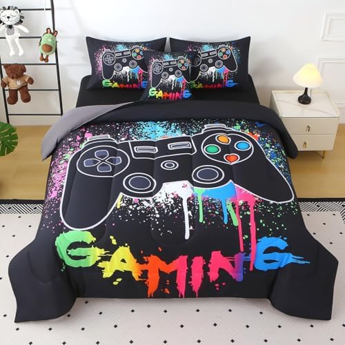JQinHome Full Gamer Comforter Sets for Boys,6 Piece Bed in A Bag 3D Video Gamer Bedding -All Season Microfiber Gaming Bedding Set for Kids, with Sheet Sets (Black Gaming) by JQinHome