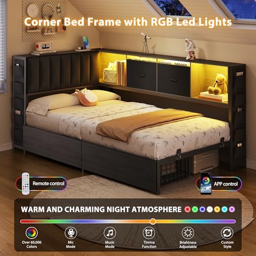 MapleGrace Twin Corner Bed Frame with Upholstered Storage Headboard and Drawers, Metal Platform Bed Frame with LED Light and Charging Station, Twin Daybed for Living Room, Bedroom & Guest Room, Black - Image 5