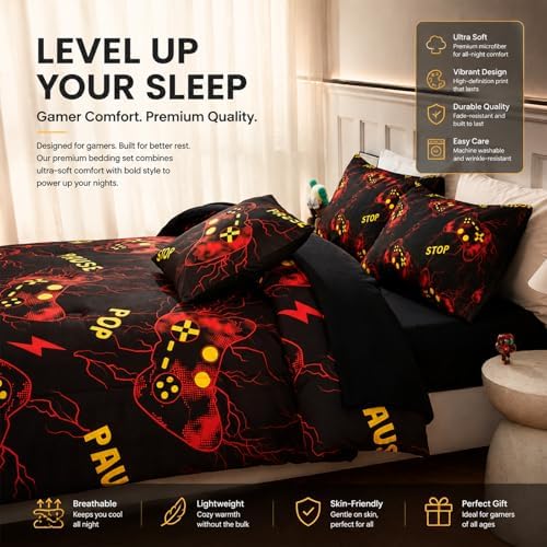 ZRNBAST Gamer Comforter Set Full Size, Red Gaming Bedding Set for Boys, Lightning Game Console Microfiber Bed Sets, 6 Pieces Teen Game Gamepad Bed in a Bag (Red,Full) - Image 3