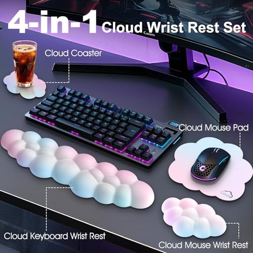 Cloud Wrist Rest Keyboard Cushion and Cloud Mouse Pad, Rainbow | 4-in-1 Ergonomic Cloud Keyboard Wrist Rest Set, Memory Foam, Arm Support for Palm, Cute Desk Accessory for PC Gaming Setup - Image 2