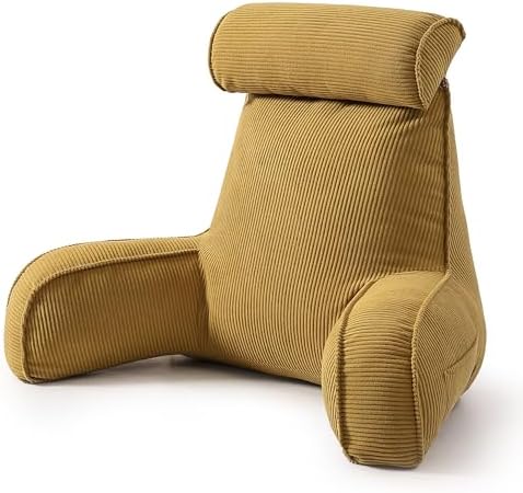 Bed Rest Reading Pillow, Backrest Pillow with Arms, Corduroy Back Support Cushion with Side Pockets & Washable Cover, for Sitting Up in Bed, Sofa Relaxing & Watching TV, Mustard Yellow by Ailuteie