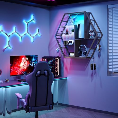 Saudism Floating Shelves with Lights, Led Shelves for Wall, Gaming Room Decor Display Shelf, Lighted Bar Shelves, Extra Hanging Hooks Storage, Sturdy Fast Assembly Great Weight Capacity-Black - Image 3