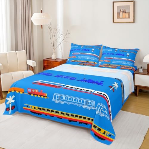 Erosebridal Train Bed Sheets Set for Boys,Cartoon Car Sheet Set for Boys Girls Kids,Vintage Car Sheets with Pocket,Retro Steam Railway Rail Flat Fitted Sheet,Traffic Light Bedding Set,Blue Twin 3Pcs - Image 3
