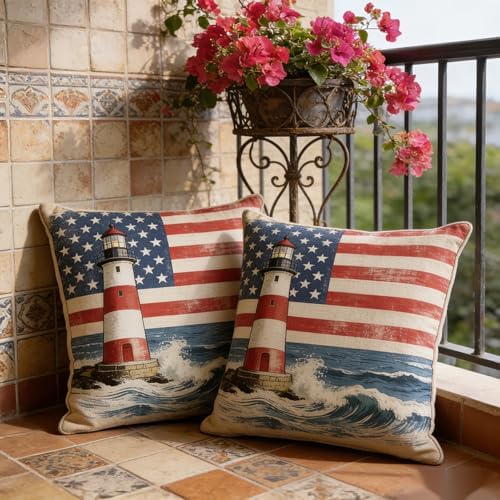 Patriotic Lighthouse Throw Pillow Covers, Linen, 18x18 Inch, Set of 2, Farmhouse Style, 4th of July Independence Day Décor - Image 2