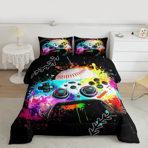 Erosebridal Gaming Bedding Set - Baseball Full Comforter Set, Watercolor Game Console Comforter Set, Rainbow Tie Dye Sports Bedding Set for Boys, Gamer Decor for Boys' Bedroom - Image 5