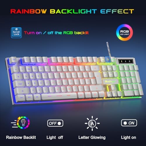 BlueFinger RGB Gaming Keyboard and Backlit Mouse and Headset Combo, USB Wired Backlit Keyboard, LED Gaming Mouse Set, Headset with Microphone for Laptop PC Computer Game and Work, White - Image 2