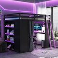 Merax Full Size Loft Bed with Desk and 6 Storage Shelves, Wardrobe, Blackout Curtain, Solid Wood Gaming Loft Bed Frame with USB Port & RGB Lights, No Box Spring Needed, Space-Saving, Black+Purple by Merax