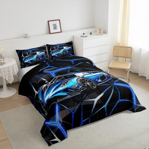 Feelyou Kids Boys Sports Car Comforter Set King Size Blue Race Car Comforter for Kids Teens Room Decor Extreme Sports Bedding Set Cool Speed Car Decor Quilt Set Soft for All Season - Image 4