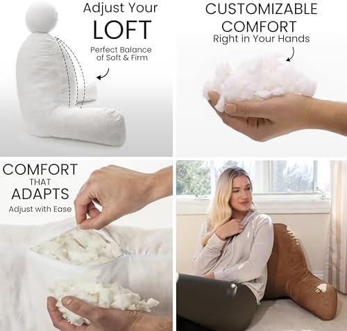 Husband Pillow Tan, Original Reading Pillow in Bed Rest Chair, Shredded Memory Foam Large Lounge Cushion Adult Backrest with Arms, Comfy Back Support for Sit Sitting Up, Washable/Removable Cover - Image 2