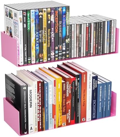 Metal Bali Floating Wall Girl's Bookshelf 15.5IN for Storage and Decor Wall Mounted CD DVD&Books Perfume, Make up Storage Shelves Living Room, Bedroom, Bathroom & Kitchen,2Pac,Pink by YFEEN