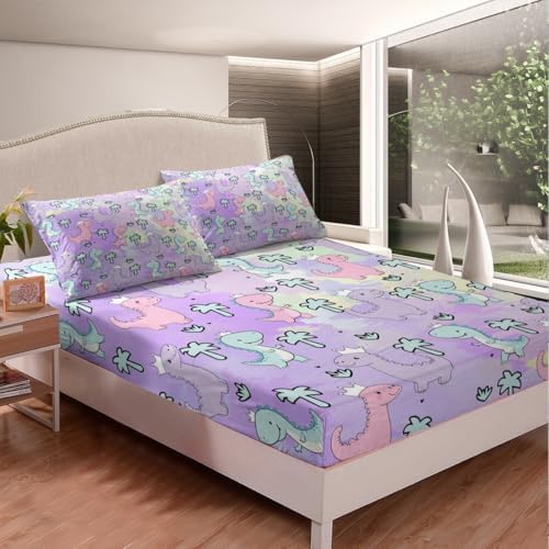 Erosebridal Dinosaur Bed Sheets Twin Size, Kawaii Dinosaur Bedding Sets for Kids Girls Boys Gift Bedroom Decor, Cartoon Cute Animals Flat Sheet,Palm Leaf Sheet Set, Green Purple Pink - Image 3