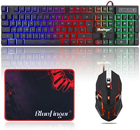 BlueFinger RGB Gaming Keyboard and Backlit Mouse Combo, USB Wired, LED Gaming Set for Laptop PC Computer Game and Work by BlueFinger