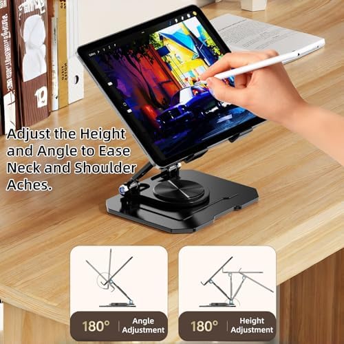 Ultra-Stable 360° Rotatable Metal Tablet Stand, Adjustable Folding Desktop Stand for iPad/iPhone/Switch, Universal Use for Office/Movie/Studying/Drawing/Gaming, Black - Image 6