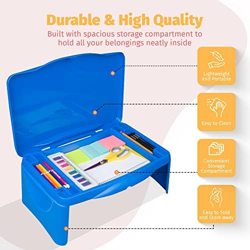 Folding Lap Desk - Foldable Table for Work, Study, Gaming, Arts, Crafts, School - Collapsible Laptop Tray with Storage Compartment - Portable Writing Station for Kids, Adults (Blue) - Image 3
