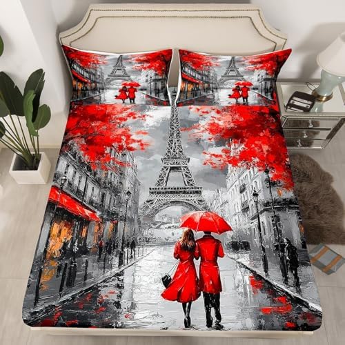 Red Paris Eiffel Tower Bed Sheets Queen Size, Paris Decor For Bedroom, French Style Couple Lover Flower Sheet For Girls Women Kids Fitted Sheet, Romantic Flat Sheet, 2 Pillowcases, Grey Black, 4Pcs - Image 2
