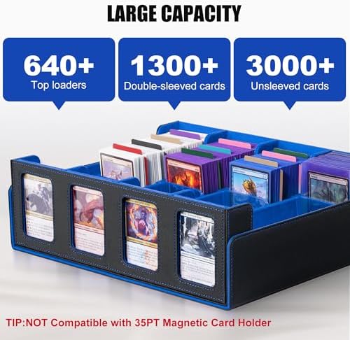 Trading Card Storage Box with Commander Display , 4-Row Deck Case with Removable Lid; 2400+ Card Deck Box for MTG TCG Sports Card, 4 Top Loaders, 4 Stoppers, 24 Dividers,1 Dice Bag (Black Blue) - Image 2