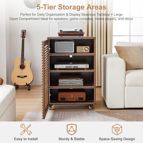LEVNARY 5-Tier AV Media Cabinet with Grille Door & Adjustable Shelves, Modern Wooden Stereo Rack with Cable Management & Wheels, Audio Video Stand for Living Gaming Room Recording Studio (Walnut) - Image 4