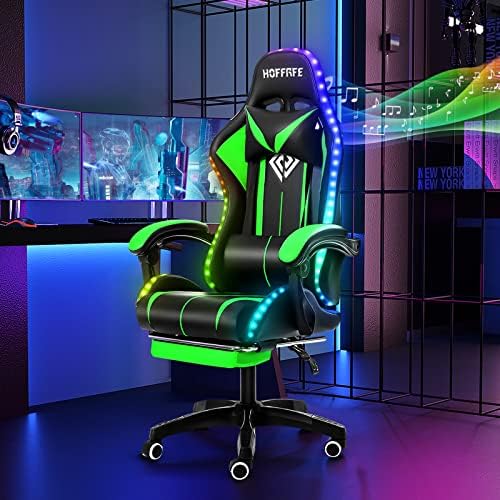 HOFFREE RGB Gaming Chair with Speakers Massage LED Lights Game Chair-Green | Bluetooth Computer Gaming Chair with Footrest Video Game Chair for Adults Ergonomic High Back Gamer Chair with Lumbar Support by HOFFREEOfficial
