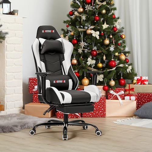 ECOTOUGE White Ergonomic PC Massage Gaming Chair with Footrest | Reclining Racing PU Leather, Swivel Rocker, Headrest, Lumbar Pillow, Office Desk Chair, Adjustable Height, Sturdy Base - Image 2