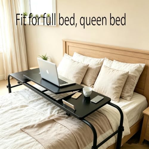 Overbed Bedside Table with Wheels Portable Rolling Laptop Desk Cart Computer Table Over The Bed Table Adjustable Height and Length with Tilt Stand Board for Bed Hospital Home and Office (Black-M) - Image 2